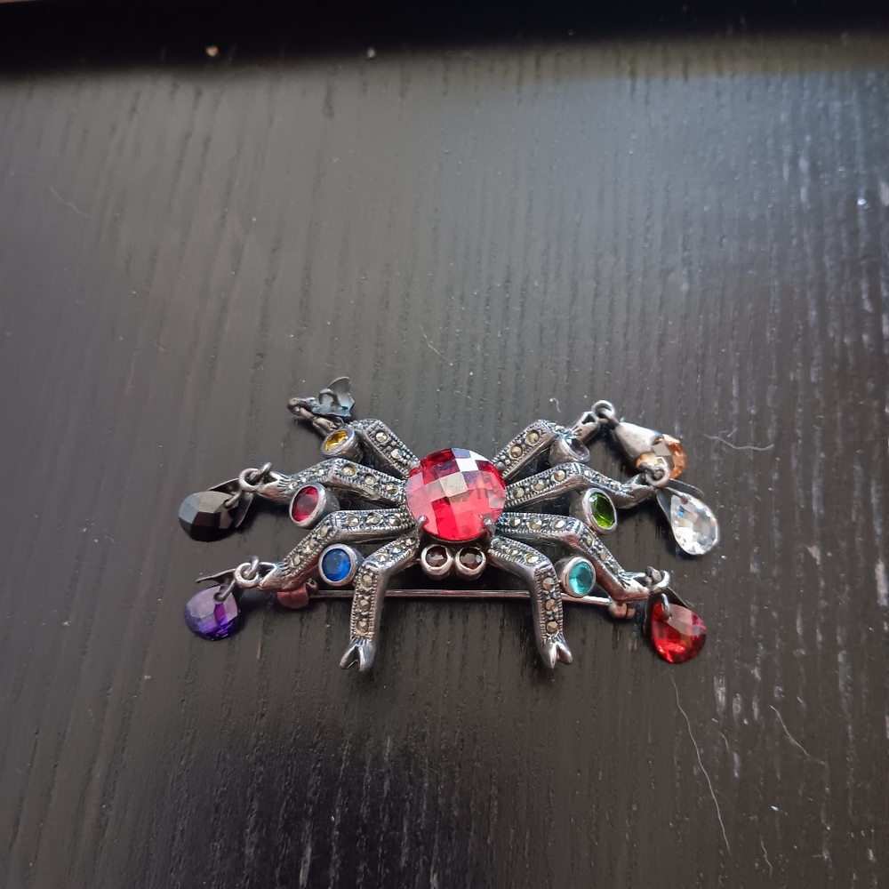 Sterling Silver Marcasite Multicolor Crystal Spider Brooch Vintage Whimsigoth